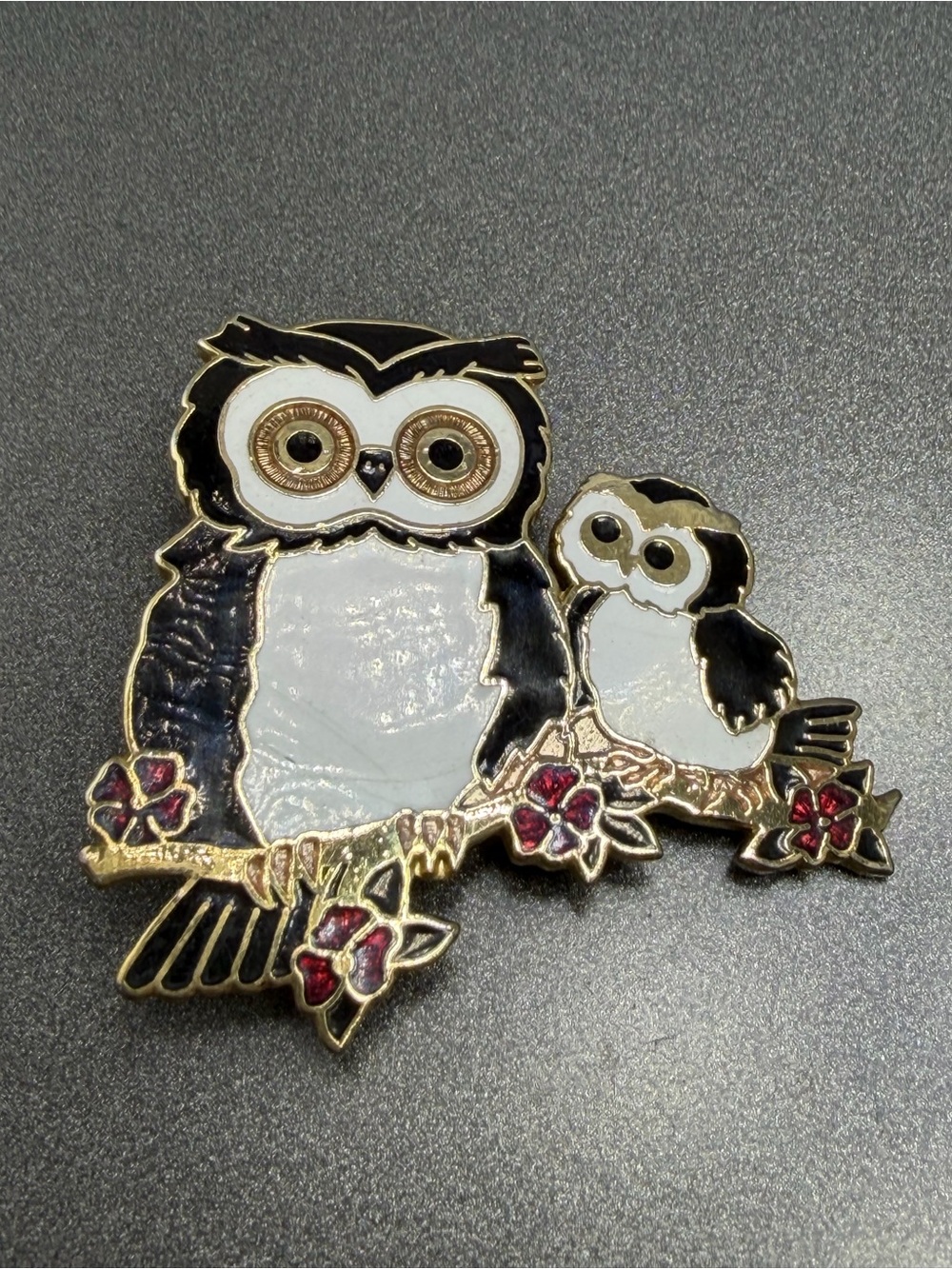 Vintage Cloisonné Owl Pin Brooch in Black, White & Gold #142CLO